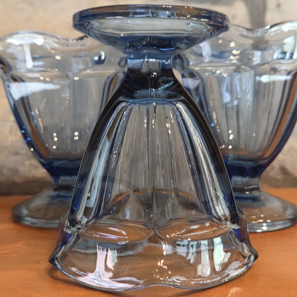 Lot of 3 Anchor Hocking Blue Sherbet Sundae Ice Cream Dessert Cups Dish Glasses